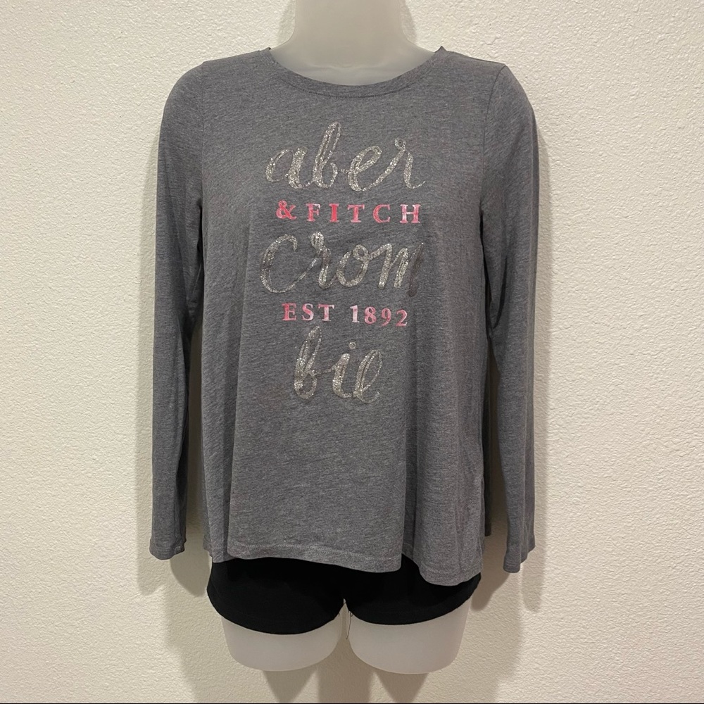 Kids Abercrombie Girls Gray Pink Glitter Logo Long Sleeve T-Shirt 15/16